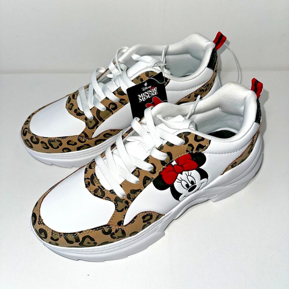 NWT Disney White with Brown Animal Print Athletic Shoes with Minnie Mouse Design